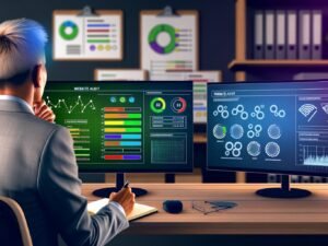 Büroarbeitsplatz mit zwei Bildschirmen, Website-Audit-Dashboard mit grünen, gelben und roten Statusanzeigen, Diagrammen und SEO-Warnungen, konzentrierter Analyst im Business-Casual, technische Symbole und offene SEO-Bücher im Hintergrund.