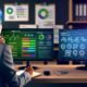 Büroarbeitsplatz mit zwei Bildschirmen, Website-Audit-Dashboard mit grünen, gelben und roten Statusanzeigen, Diagrammen und SEO-Warnungen, konzentrierter Analyst im Business-Casual, technische Symbole und offene SEO-Bücher im Hintergrund.