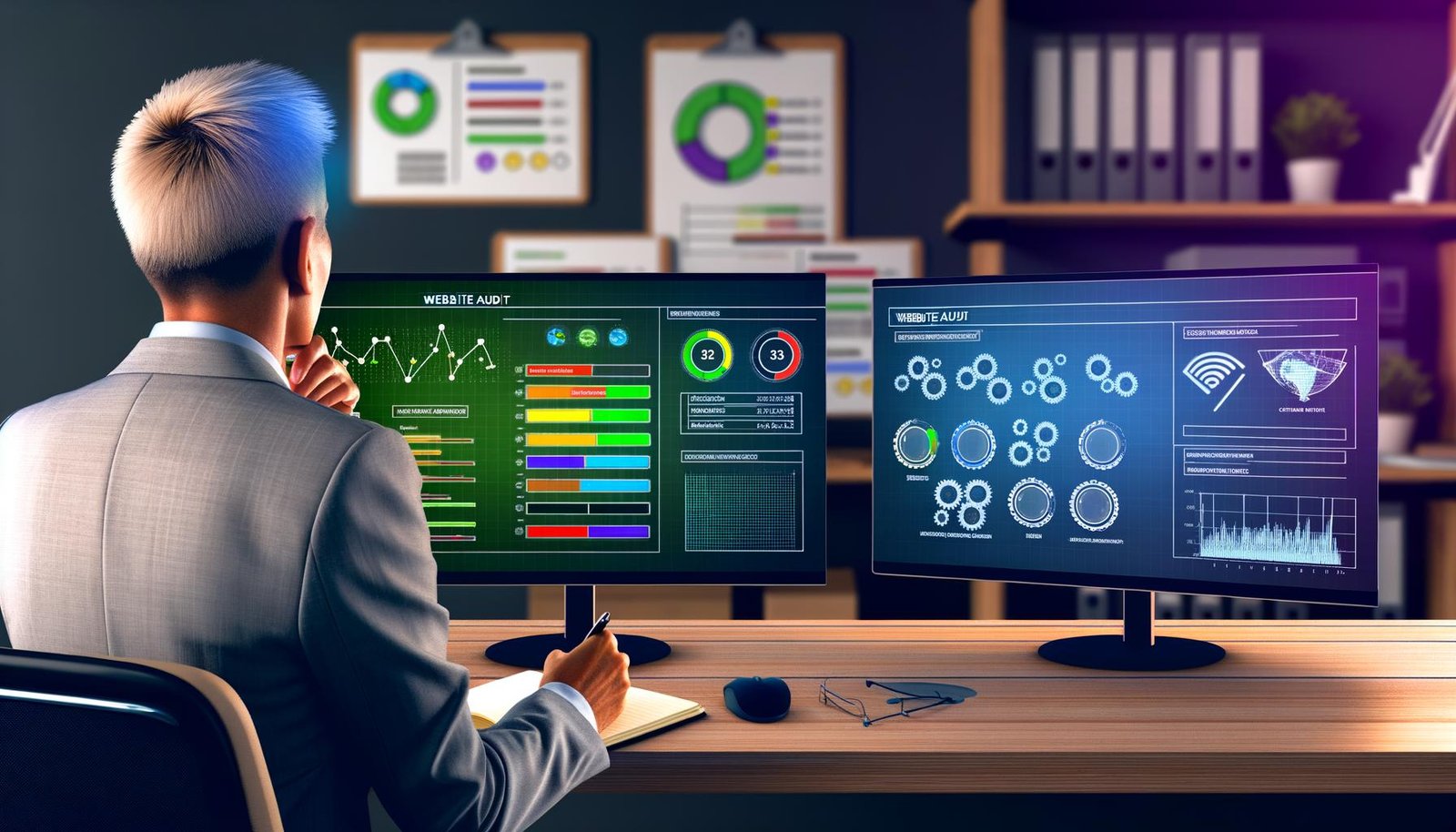 Büroarbeitsplatz mit zwei Bildschirmen, Website-Audit-Dashboard mit grünen, gelben und roten Statusanzeigen, Diagrammen und SEO-Warnungen, konzentrierter Analyst im Business-Casual, technische Symbole und offene SEO-Bücher im Hintergrund.