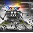 Illustration einer bedrohlichen, mechanischen Kreatur auf Platz 1 der Google-Suchergebnisseite, umgeben von verzweifelten Websitebetreibern mit SEO-Werkzeugen vor einem nebligen, algorithmischen Hintergrund.