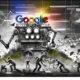 Illustration einer bedrohlichen, mechanischen Kreatur auf Platz 1 der Google-Suchergebnisseite, umgeben von verzweifelten Websitebetreibern mit SEO-Werkzeugen vor einem nebligen, algorithmischen Hintergrund.