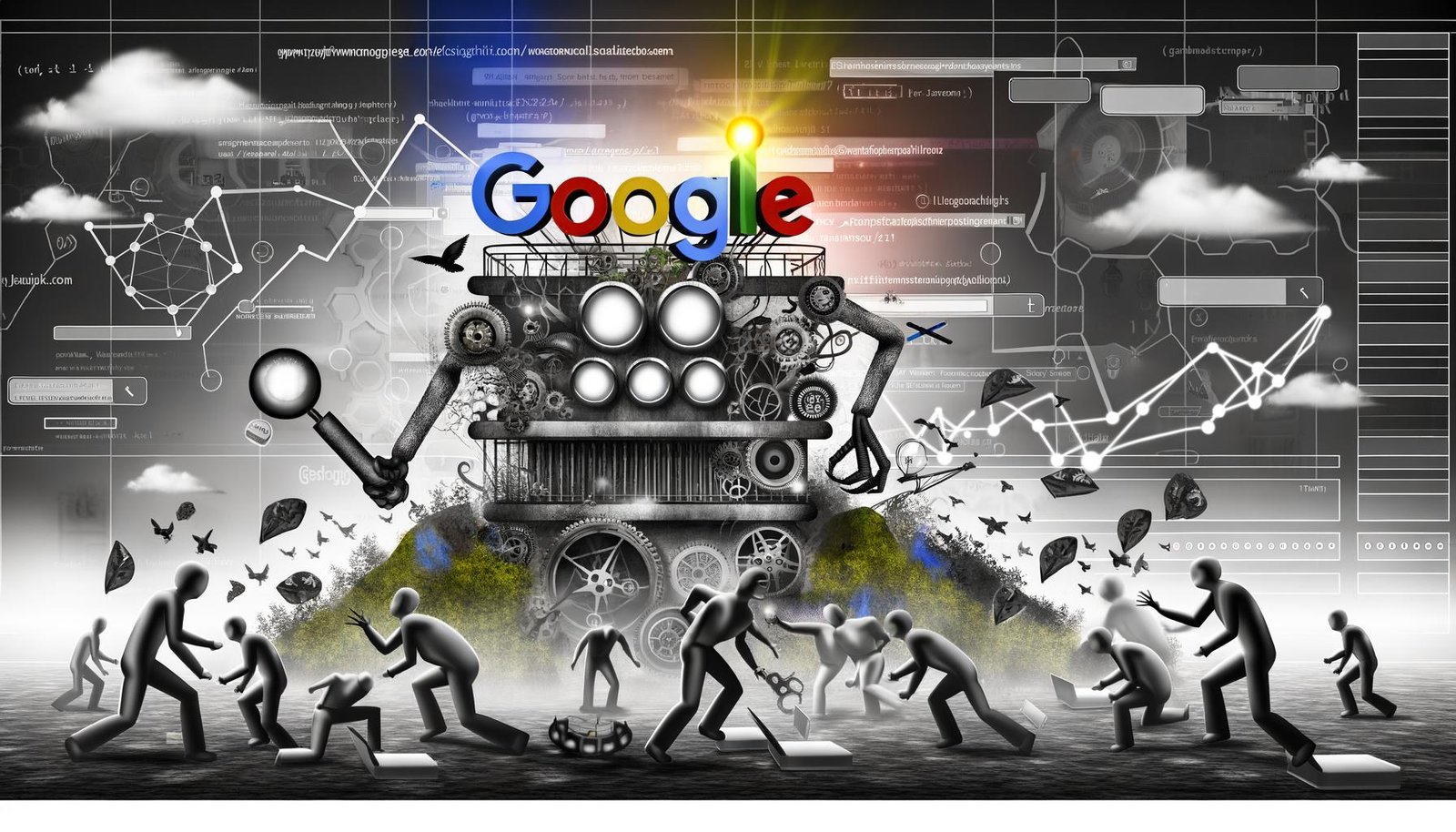 Illustration einer bedrohlichen, mechanischen Kreatur auf Platz 1 der Google-Suchergebnisseite, umgeben von verzweifelten Websitebetreibern mit SEO-Werkzeugen vor einem nebligen, algorithmischen Hintergrund.