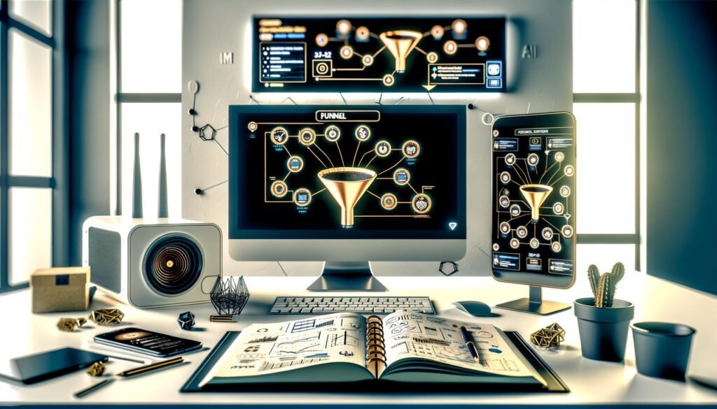 Heller Arbeitsplatz mit zwei Monitoren, geöffneten Funnel-Tools, Instagram-Analyse am Smartphone, Skizzenbuch, KI-Symbol auf Tablet, modernem Router und automatisierten Social-Posts am Wanddisplay.