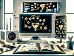 Heller Arbeitsplatz mit zwei Monitoren, geöffneten Funnel-Tools, Instagram-Analyse am Smartphone, Skizzenbuch, KI-Symbol auf Tablet, modernem Router und automatisierten Social-Posts am Wanddisplay.