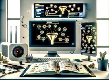 Heller Arbeitsplatz mit zwei Monitoren, geöffneten Funnel-Tools, Instagram-Analyse am Smartphone, Skizzenbuch, KI-Symbol auf Tablet, modernem Router und automatisierten Social-Posts am Wanddisplay.