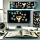 Heller Arbeitsplatz mit zwei Monitoren, geöffneten Funnel-Tools, Instagram-Analyse am Smartphone, Skizzenbuch, KI-Symbol auf Tablet, modernem Router und automatisierten Social-Posts am Wanddisplay.