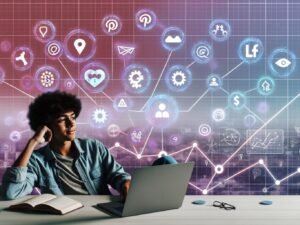 Junge diverse Person sitzt mit Laptop am Schreibtisch, Social-Media-Icons und Automatisierungssymbole am Bildschirm, Geldsymbole und KPI-Charts im Hintergrund.