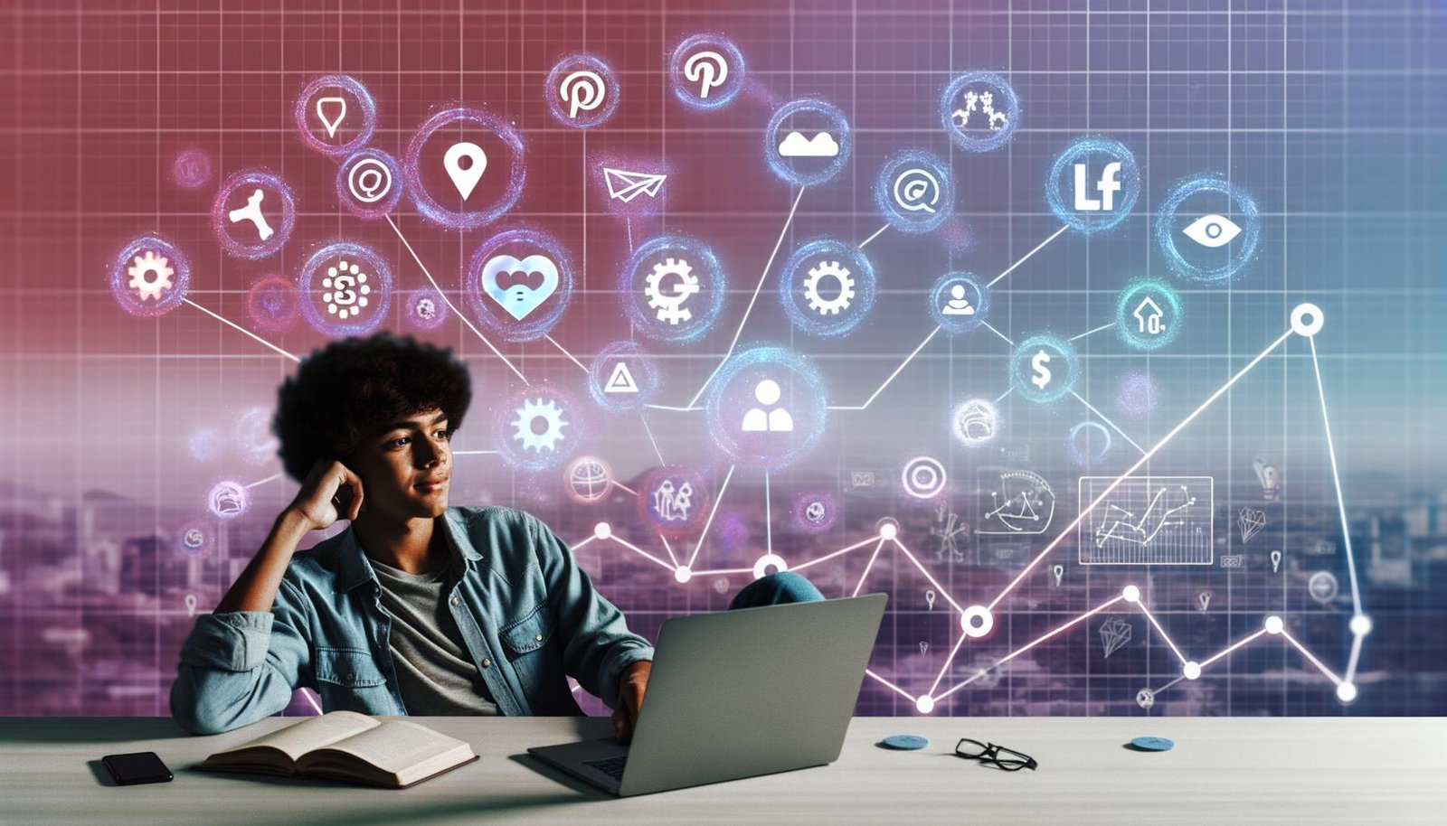 Junge diverse Person sitzt mit Laptop am Schreibtisch, Social-Media-Icons und Automatisierungssymbole am Bildschirm, Geldsymbole und KPI-Charts im Hintergrund.
