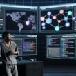 Futuristisches Homeoffice im Dark-Mode-Stil mit Social-Media-Plattformen, Statistik-Dashboards, dargestellten Automatisierungen und entspannter Person im Pyjama mit Kaffee.