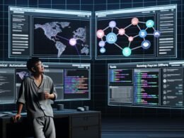 Futuristisches Homeoffice im Dark-Mode-Stil mit Social-Media-Plattformen, Statistik-Dashboards, dargestellten Automatisierungen und entspannter Person im Pyjama mit Kaffee.