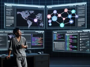 Futuristisches Homeoffice im Dark-Mode-Stil mit Social-Media-Plattformen, Statistik-Dashboards, dargestellten Automatisierungen und entspannter Person im Pyjama mit Kaffee.