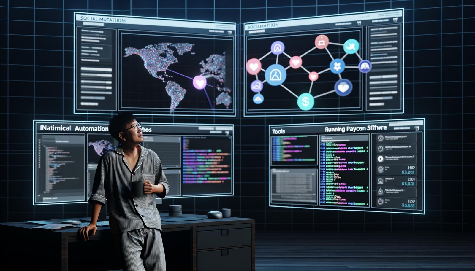 Futuristisches Homeoffice im Dark-Mode-Stil mit Social-Media-Plattformen, Statistik-Dashboards, dargestellten Automatisierungen und entspannter Person im Pyjama mit Kaffee.