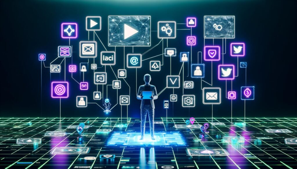 Futuristischer Workspace im Neon-Stil mit Bildschirmen, die Social-Media-Plattformen, KI-Tools, Workflows und digitale Zahlungssysteme zeigen. Eine anonyme Business-Person steht im Zentrum umgeben von Datenströmen und API-Verbindungen.