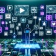Futuristischer Workspace im Neon-Stil mit Bildschirmen, die Social-Media-Plattformen, KI-Tools, Workflows und digitale Zahlungssysteme zeigen. Eine anonyme Business-Person steht im Zentrum umgeben von Datenströmen und API-Verbindungen.