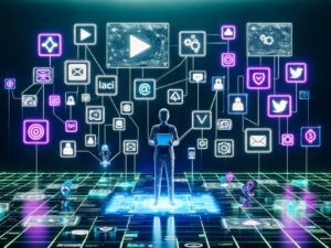 Futuristischer Workspace im Neon-Stil mit Bildschirmen, die Social-Media-Plattformen, KI-Tools, Workflows und digitale Zahlungssysteme zeigen. Eine anonyme Business-Person steht im Zentrum umgeben von Datenströmen und API-Verbindungen.