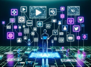 Futuristischer Workspace im Neon-Stil mit Bildschirmen, die Social-Media-Plattformen, KI-Tools, Workflows und digitale Zahlungssysteme zeigen. Eine anonyme Business-Person steht im Zentrum umgeben von Datenströmen und API-Verbindungen.