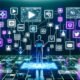Futuristischer Workspace im Neon-Stil mit Bildschirmen, die Social-Media-Plattformen, KI-Tools, Workflows und digitale Zahlungssysteme zeigen. Eine anonyme Business-Person steht im Zentrum umgeben von Datenströmen und API-Verbindungen.
