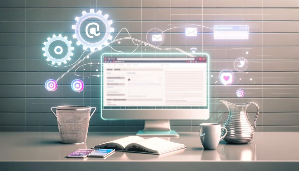 Futuristischer, sauberer Arbeitsplatz mit Monitor, Smartphone, Kaffee, Notizbuch und digitalen Grafiken. Social-Media-Icons werden spiralförmig zur Website geführt.