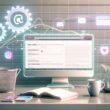 Futuristischer, sauberer Arbeitsplatz mit Monitor, Smartphone, Kaffee, Notizbuch und digitalen Grafiken. Social-Media-Icons werden spiralförmig zur Website geführt.