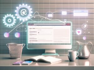 Futuristischer, sauberer Arbeitsplatz mit Monitor, Smartphone, Kaffee, Notizbuch und digitalen Grafiken. Social-Media-Icons werden spiralförmig zur Website geführt.
