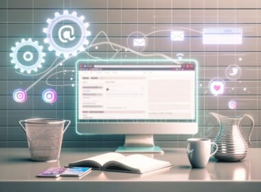 Futuristischer, sauberer Arbeitsplatz mit Monitor, Smartphone, Kaffee, Notizbuch und digitalen Grafiken. Social-Media-Icons werden spiralförmig zur Website geführt.
