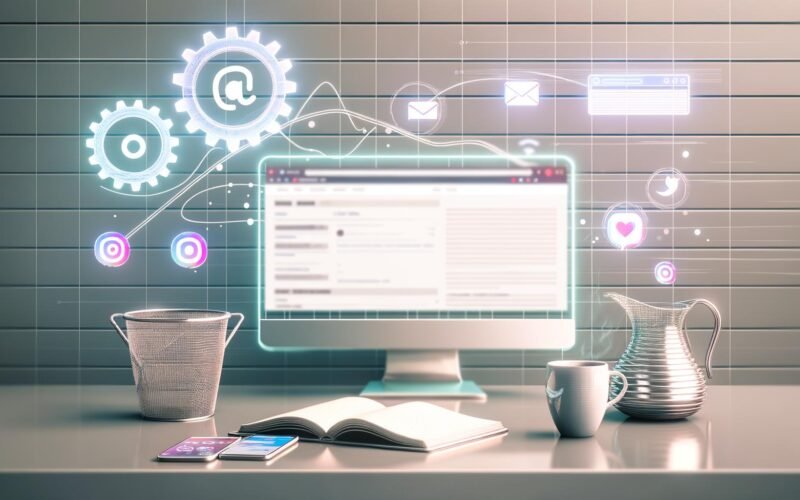 Futuristischer, sauberer Arbeitsplatz mit Monitor, Smartphone, Kaffee, Notizbuch und digitalen Grafiken. Social-Media-Icons werden spiralförmig zur Website geführt.