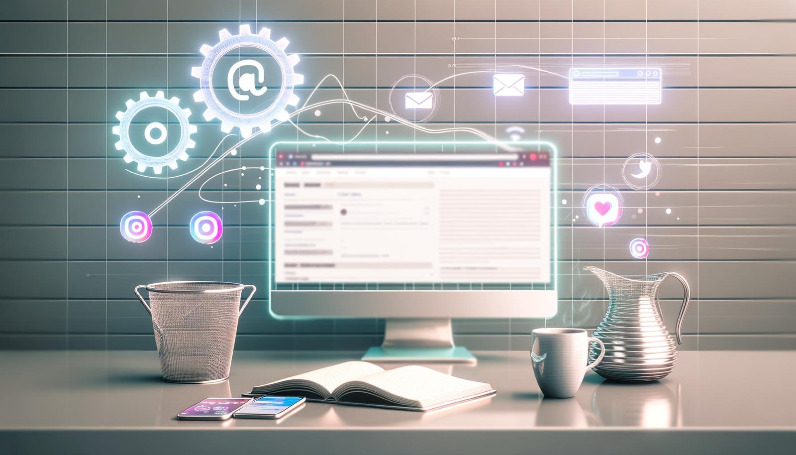 Futuristischer, sauberer Arbeitsplatz mit Monitor, Smartphone, Kaffee, Notizbuch und digitalen Grafiken. Social-Media-Icons werden spiralförmig zur Website geführt.