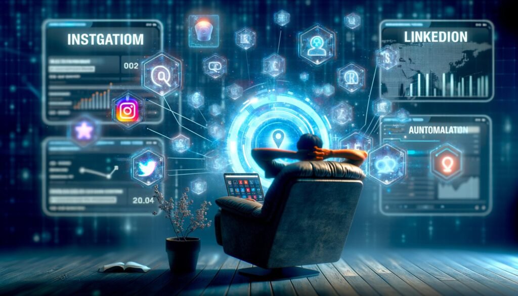 Futuristische Homeoffice-Szenerie mit entspannter Person auf Liegestuhl, umgeben von digitalen Datenströmen und Social-Media-Icons, leuchtenden Bildschirmen mit Analytics und Automatisierung.