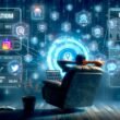Futuristische Homeoffice-Szenerie mit entspannter Person auf Liegestuhl, umgeben von digitalen Datenströmen und Social-Media-Icons, leuchtenden Bildschirmen mit Analytics und Automatisierung.