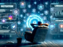 Futuristische Homeoffice-Szenerie mit entspannter Person auf Liegestuhl, umgeben von digitalen Datenströmen und Social-Media-Icons, leuchtenden Bildschirmen mit Analytics und Automatisierung.