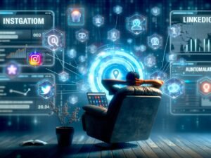 Futuristische Homeoffice-Szenerie mit entspannter Person auf Liegestuhl, umgeben von digitalen Datenströmen und Social-Media-Icons, leuchtenden Bildschirmen mit Analytics und Automatisierung.