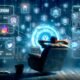 Futuristische Homeoffice-Szenerie mit entspannter Person auf Liegestuhl, umgeben von digitalen Datenströmen und Social-Media-Icons, leuchtenden Bildschirmen mit Analytics und Automatisierung.