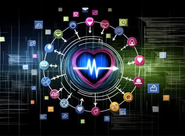 Illustration einer energiegeladenen Online-Marketing-Szene mit digitalem Herz, Events wie Click, Purchase und Submit als Marker, sowie Codezeilen und Analytics-Elementen im Hintergrund.