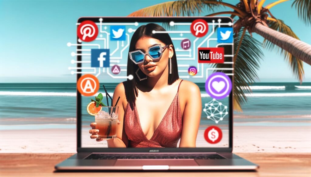 Junger Mensch mit Sonnenbrille am Strand von Bali, trinkt Cocktail und arbeitet am Laptop mit Social-Media-Icons und technischen Overlays im Hintergrund.