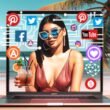 Junger Mensch mit Sonnenbrille am Strand von Bali, trinkt Cocktail und arbeitet am Laptop mit Social-Media-Icons und technischen Overlays im Hintergrund.