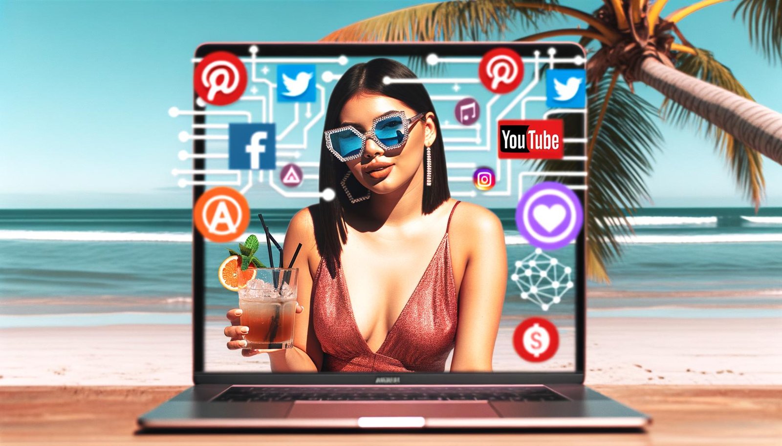 Junger Mensch mit Sonnenbrille am Strand von Bali, trinkt Cocktail und arbeitet am Laptop mit Social-Media-Icons und technischen Overlays im Hintergrund.