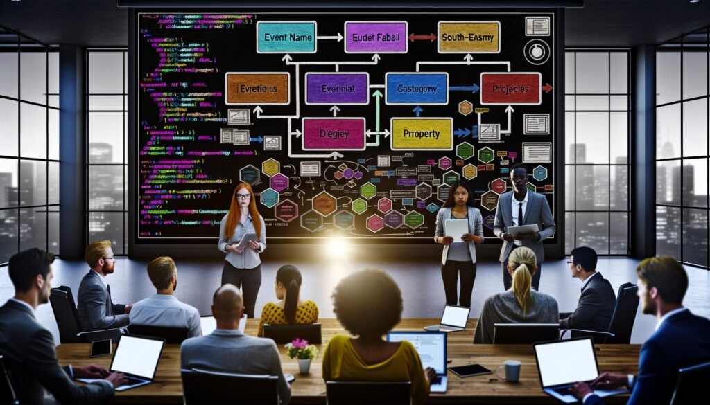 Modernes Büro mit diversen Marketingexperten und Entwicklern vor digitalem Whiteboard voller User Journey Diagramme, Event-Taxonomien und Notizen zu Eventdaten.