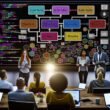 Modernes Büro mit diversen Marketingexperten und Entwicklern vor digitalem Whiteboard voller User Journey Diagramme, Event-Taxonomien und Notizen zu Eventdaten.