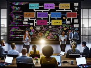 Modernes Büro mit diversen Marketingexperten und Entwicklern vor digitalem Whiteboard voller User Journey Diagramme, Event-Taxonomien und Notizen zu Eventdaten.