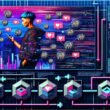 Digitale Collage mit jungem Menschen, der auf ein Smartphone voller Like- und Follower-Symbole blickt, abstrakte Netzwerke aus Daten und Codes, Arbeitsplätze mit Monitoren, bunte Funnel-Darstellung und Monetarisierungsmodelle im modernen Flat-Design.