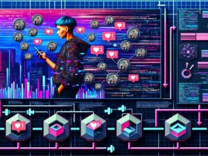 Digitale Collage mit jungem Menschen, der auf ein Smartphone voller Like- und Follower-Symbole blickt, abstrakte Netzwerke aus Daten und Codes, Arbeitsplätze mit Monitoren, bunte Funnel-Darstellung und Monetarisierungsmodelle im modernen Flat-Design.