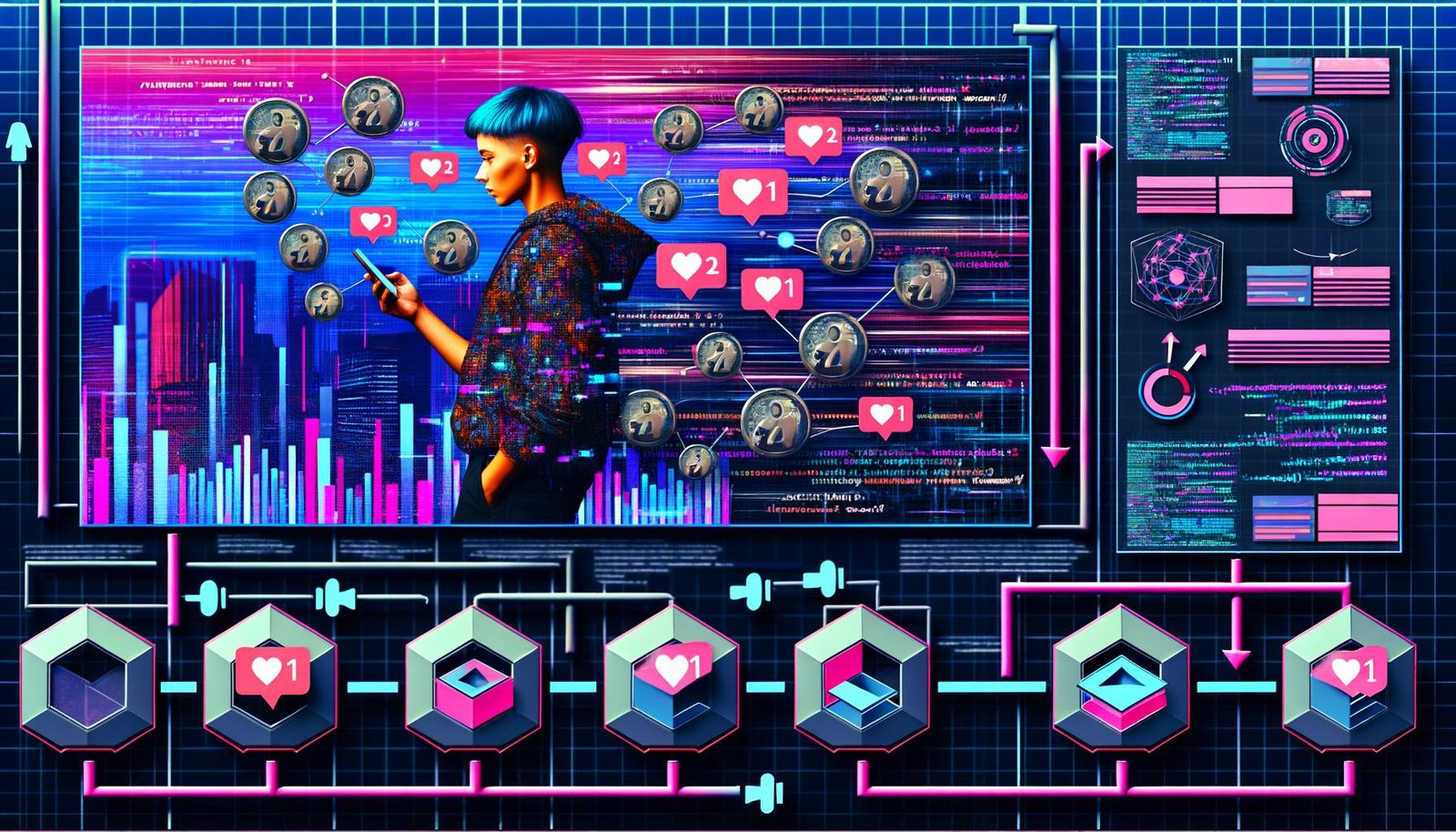 Digitale Collage mit jungem Menschen, der auf ein Smartphone voller Like- und Follower-Symbole blickt, abstrakte Netzwerke aus Daten und Codes, Arbeitsplätze mit Monitoren, bunte Funnel-Darstellung und Monetarisierungsmodelle im modernen Flat-Design.
