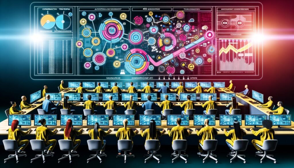 Digitale Illustration eines Kontrollraums mit Dashboard, Event-Flows, Event-Managern an Laptops und grafischer Darstellung von Automatisierung und KPIs.