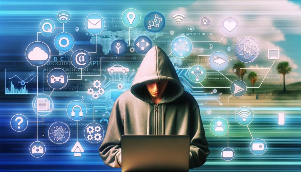Junge Person mit Hoodie arbeitet konzentriert am Laptop, umgeben von einer Matrix aus Social-Media-Icons, technischen Elementen, API- und Automatisierungstools vor kühlem, futuristischem Hintergrund.