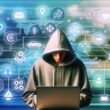 Junge Person mit Hoodie arbeitet konzentriert am Laptop, umgeben von einer Matrix aus Social-Media-Icons, technischen Elementen, API- und Automatisierungstools vor kühlem, futuristischem Hintergrund.