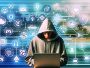 Junge Person mit Hoodie arbeitet konzentriert am Laptop, umgeben von einer Matrix aus Social-Media-Icons, technischen Elementen, API- und Automatisierungstools vor kühlem, futuristischem Hintergrund.
