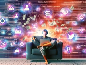 Junge Person barfuß mit Laptop auf Sofa, umgeben von Social-Media-Icons, digitalen Geldsymbolen und technischen Automatisierungsgrafiken vor einem Hintergrund aus technischen Interfaces und Code.