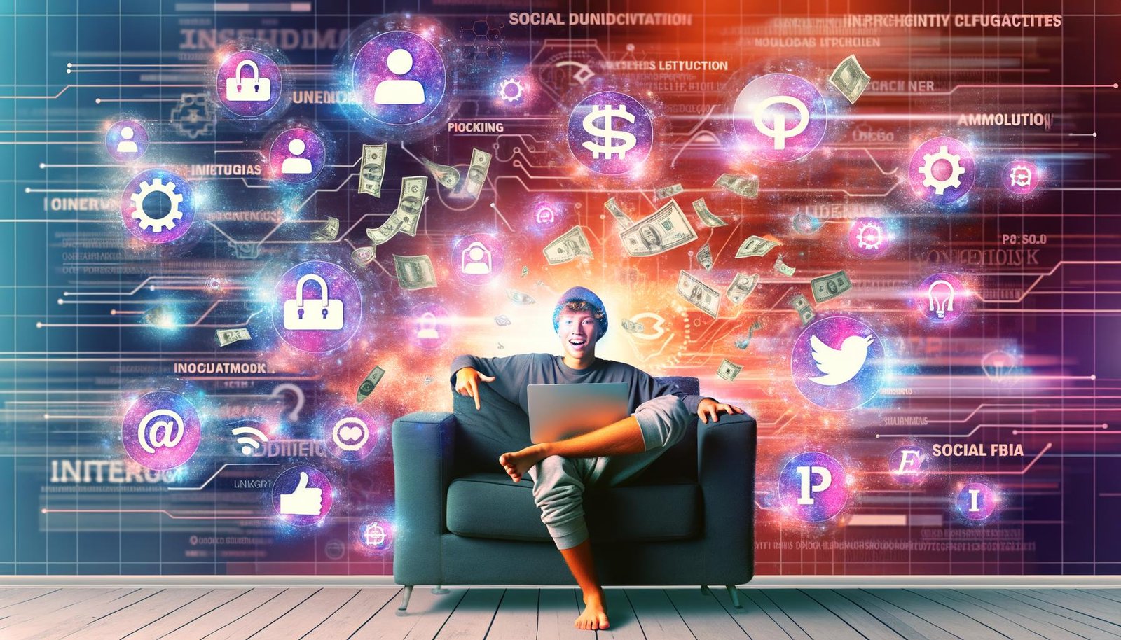 Junge Person barfuß mit Laptop auf Sofa, umgeben von Social-Media-Icons, digitalen Geldsymbolen und technischen Automatisierungsgrafiken vor einem Hintergrund aus technischen Interfaces und Code.