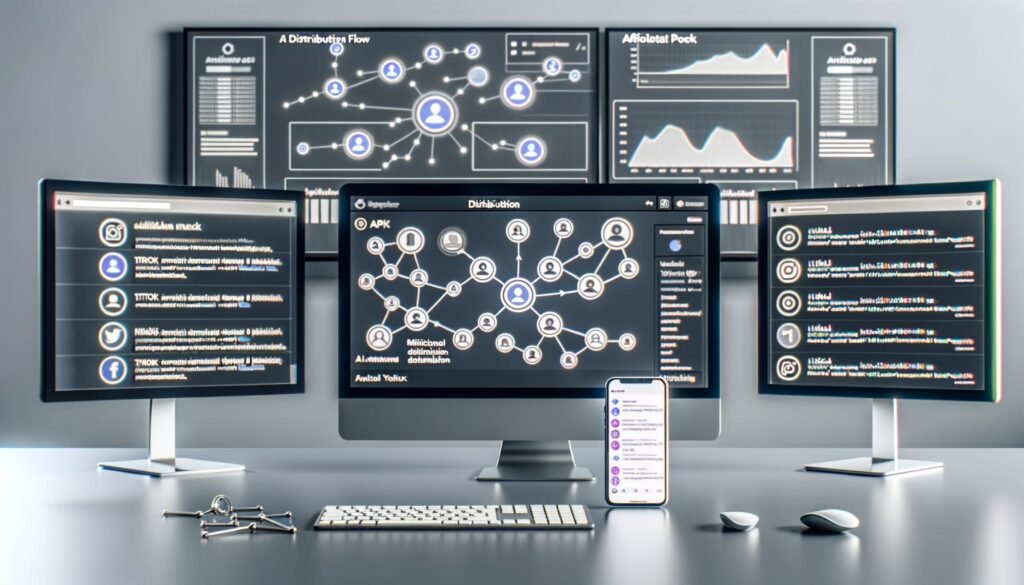 Minimalistischer Arbeitsplatz mit drei Monitoren und Dashboard für Social-Media-Automatisierung, KI-Texte, Multichannel-Flow, Analytics und Smartphone mit Chatbot-Interface