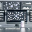 Minimalistischer Arbeitsplatz mit drei Monitoren und Dashboard für Social-Media-Automatisierung, KI-Texte, Multichannel-Flow, Analytics und Smartphone mit Chatbot-Interface